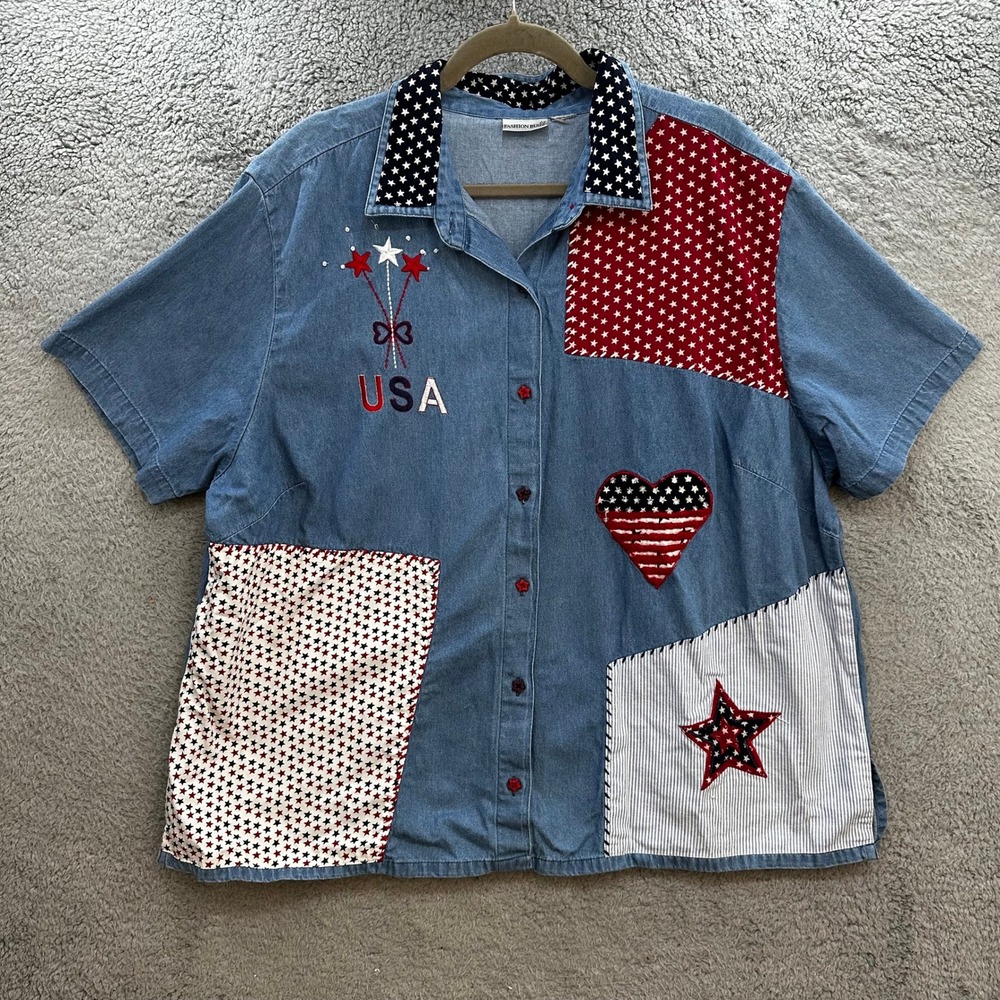 Fashion Bug Womens 3X? USA Patriotic Patchwork Denim Shirt Short Sleeve Star